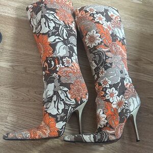 Dolce & Gabbana Orange and Brown Floral Croc Heeled Boots
